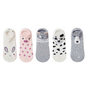 SP&CITY 5pairs Cute Animal Cotton Socks Female Kawaii Cat With Dog Summer Short Sock Slippers Women Casual Soft Funny Boat Socks