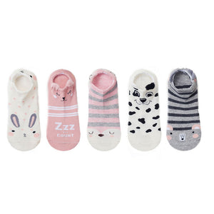 SP&CITY 5pairs Cute Animal Cotton Socks Female Kawaii Cat With Dog Summer Short Sock Slippers Women Casual Soft Funny Boat Socks