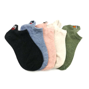 5 Pairs/Pack Kawaii Embroidered Expression Women Socks Happy Fashion Ankle Funny Socks Women Cotton Summer Candy Color