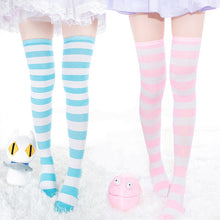 Load image into Gallery viewer, 1Pair New Women Girls Over Knee Long Stripe Printed Thigh High Striped Patterned Socks 7 Colors Sweet Cute Warm Wholesale Lot