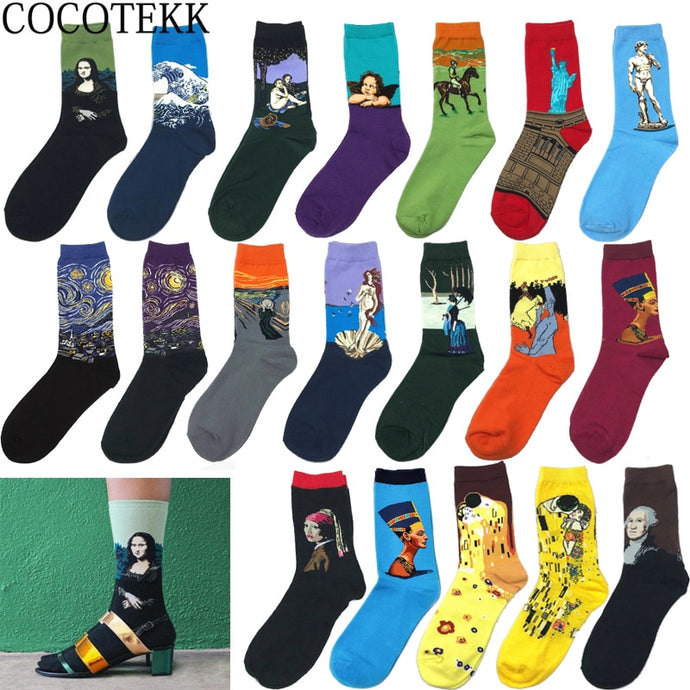 Classic Fashion Retro Abstract Oil Painting Art Socks Women Modern Van Gogh Starry Night Oil Painting Happy Women Socks Men Sox